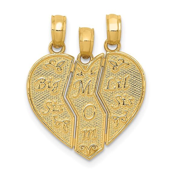 14k Yellow Gold Big Sis Mom Lil Sis Heart Three Piece Pendants 18mm